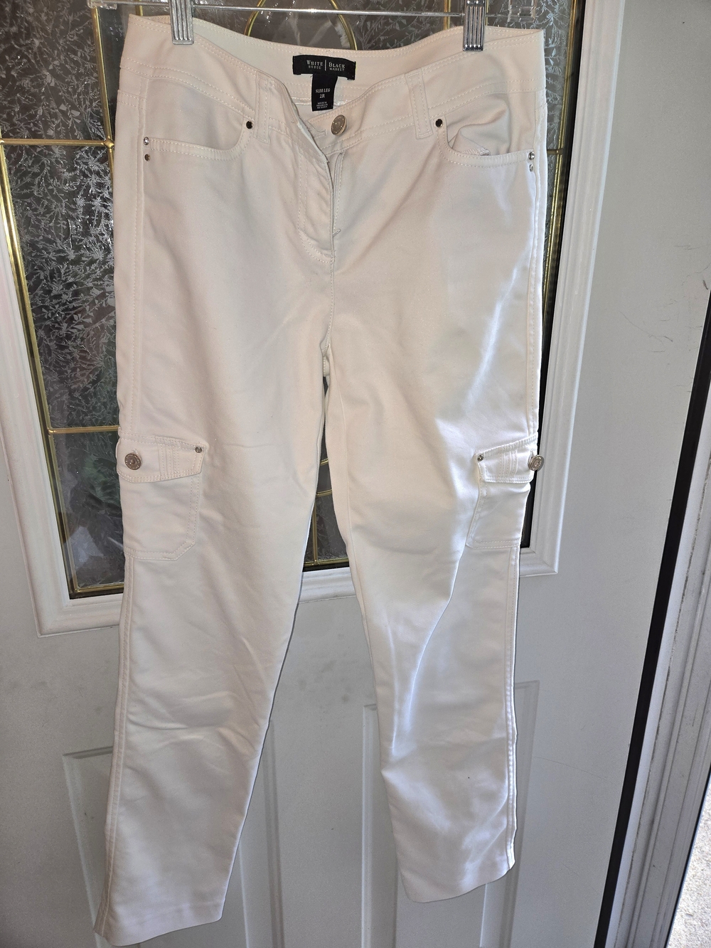 White House Black Market White Slim Cargo Pants with Rhinestones - Size 2R